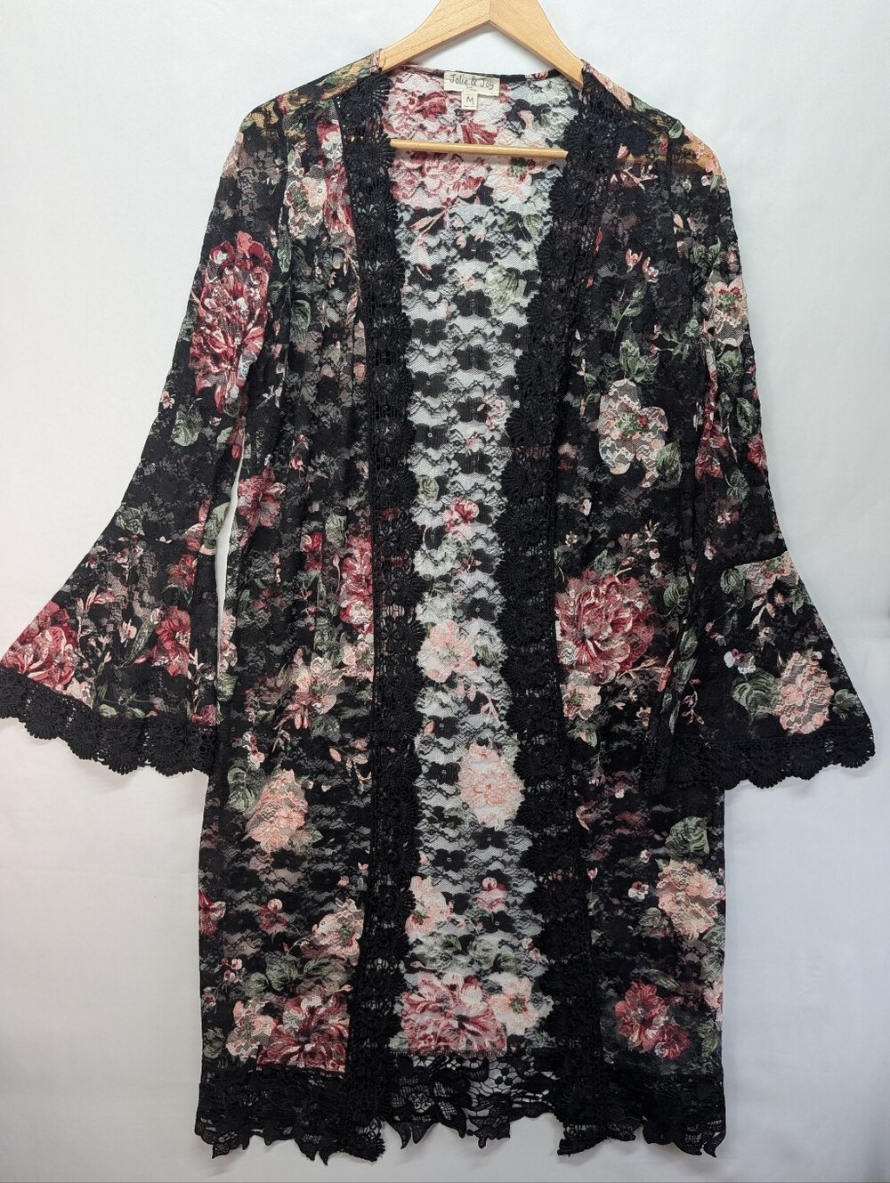 249.Delicate Floral Lace Kimono Robe - Black with Pink Floral